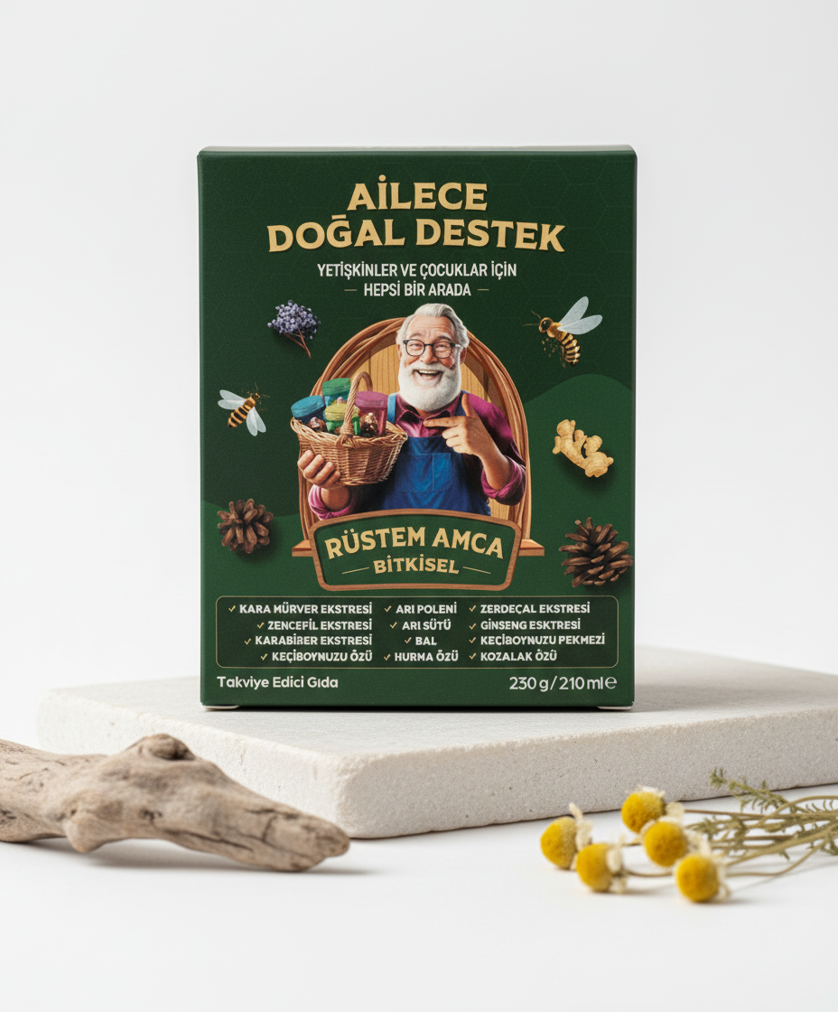 Rüstem Amca Bitkisel '' Ailece Doğal Destek'' Yetişkinler ve Çocuklar İçin ''Bağışıklık Destekleyici'' Takviye Edici Gıda/Net Miktar: 230 g